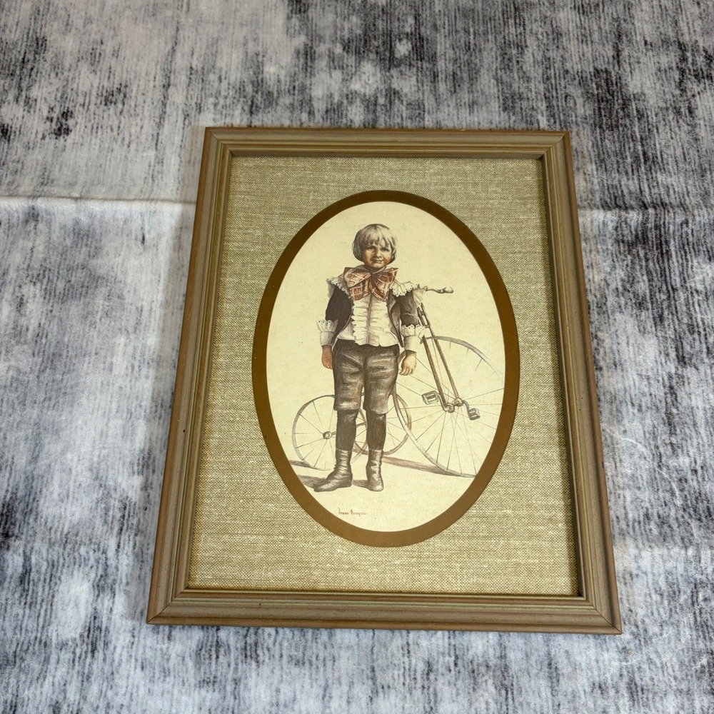 Vintage Joanne Thompson Boy with Penny Farthing Bicycle Framed Art Print 14x18